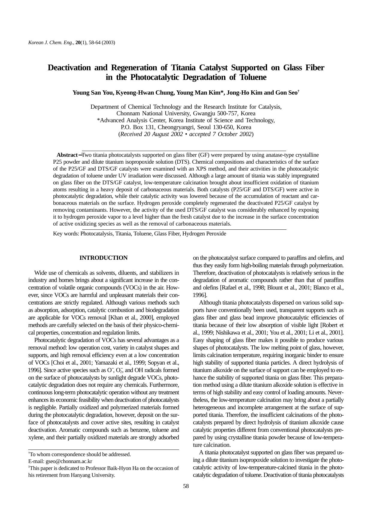 Deactivation and regeneration of titania catalyst supported on glass fiber in the photocatalytic degradation of toluene by Unknown