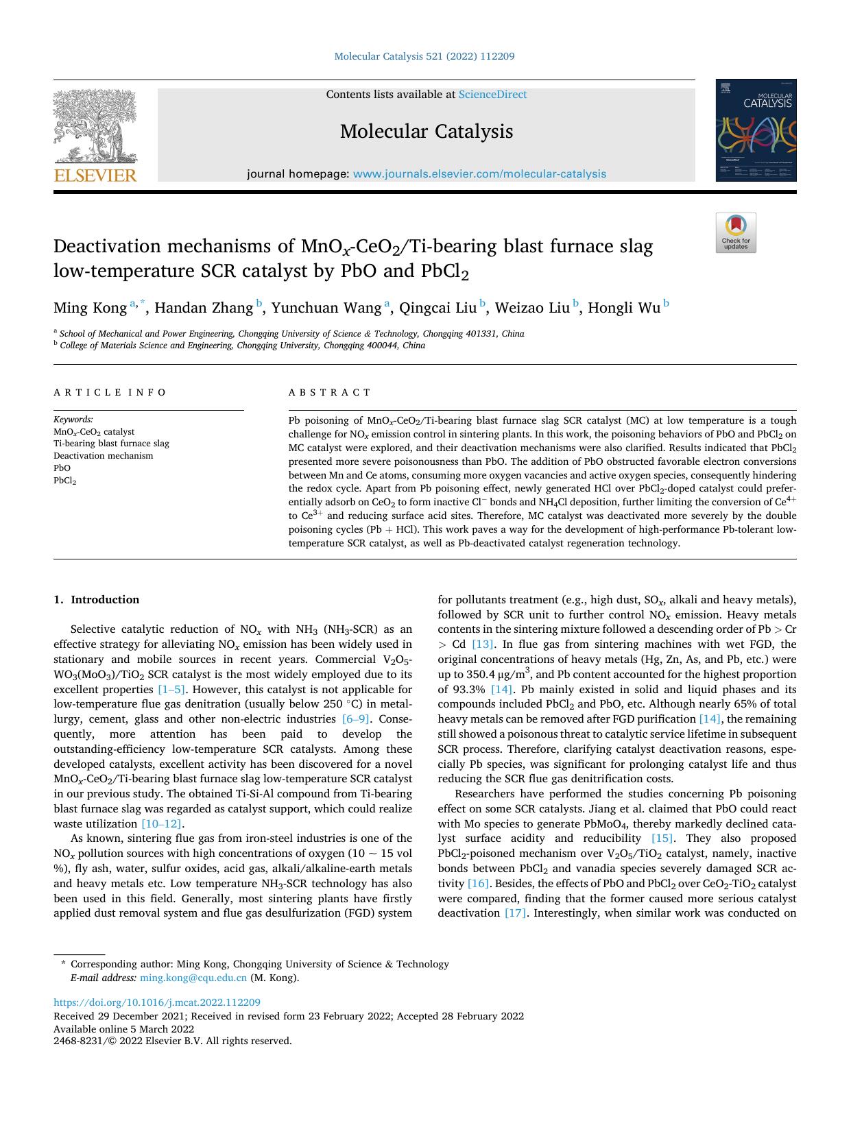 Deactivation mechanisms of MnO x -CeO2Ti-bearing blast furnace slag low-temperature SCR catalyst by PbO and PbCl2 by Ming Kong & Handan Zhang & Yunchuan Wang & Qingcai Liu & Weizao Liu & Hongli Wu