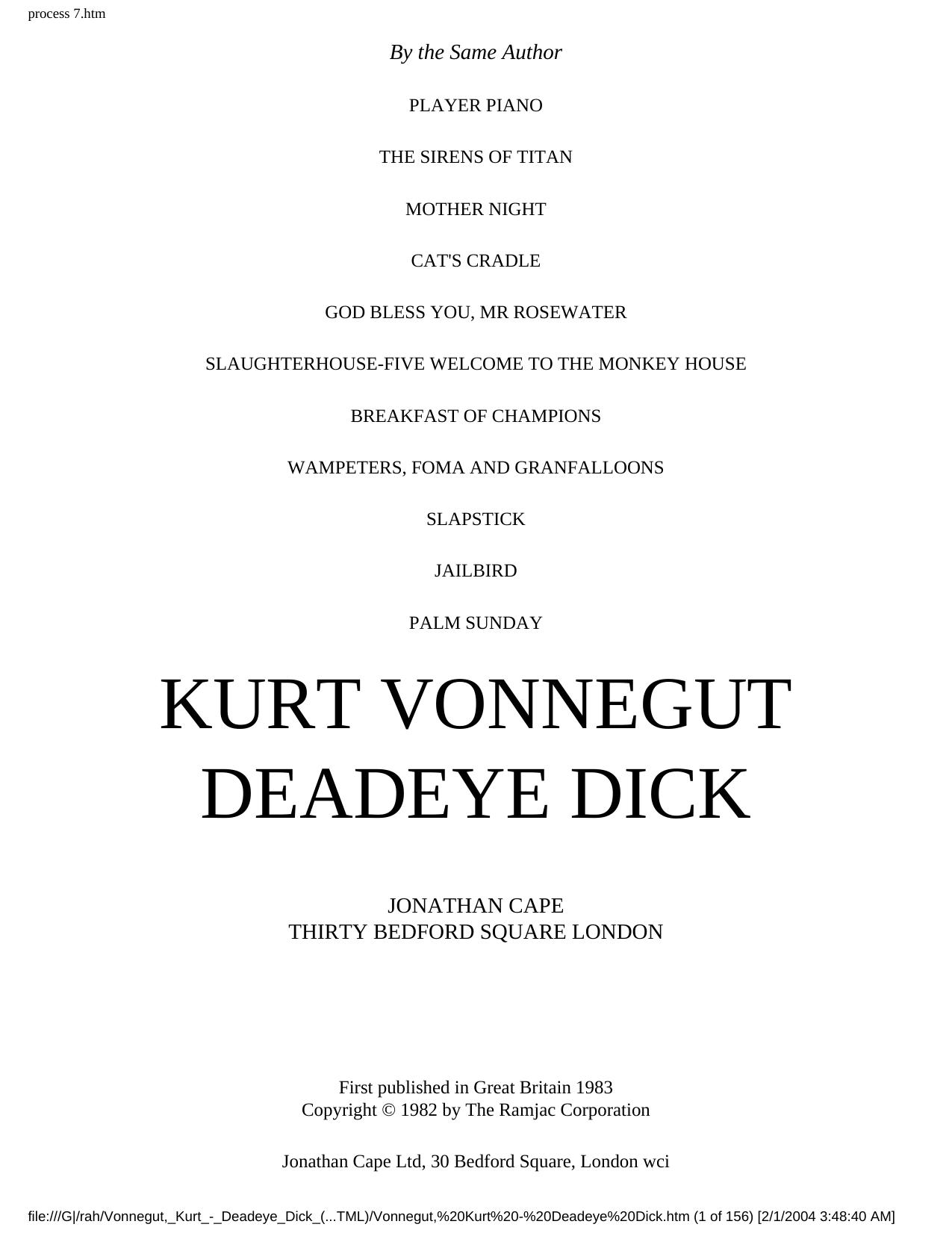 Deadeye Dick by Kurt VONNEGUT