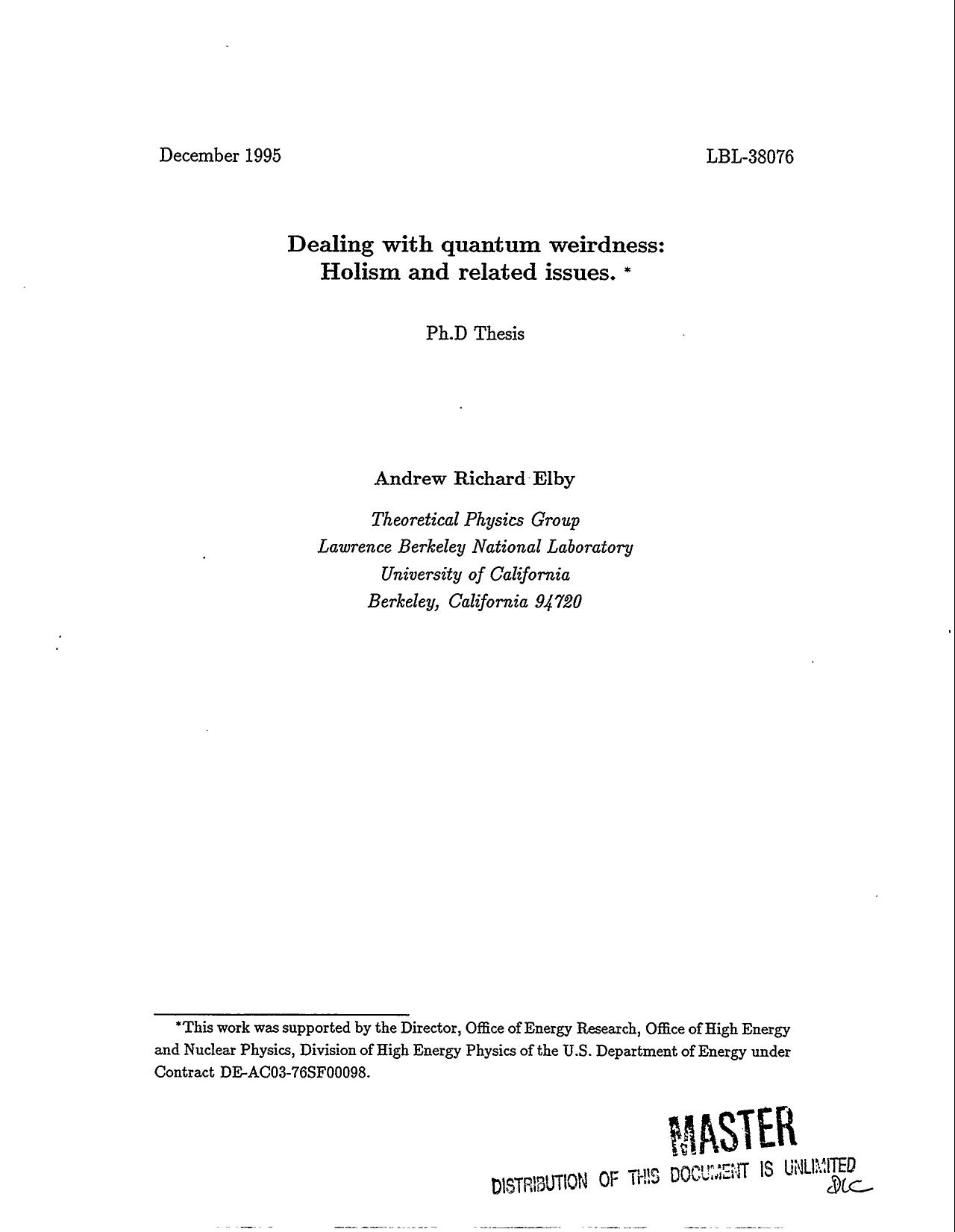Dealing with quantum wierdness : holism and related issues by Andrew Richard Elby