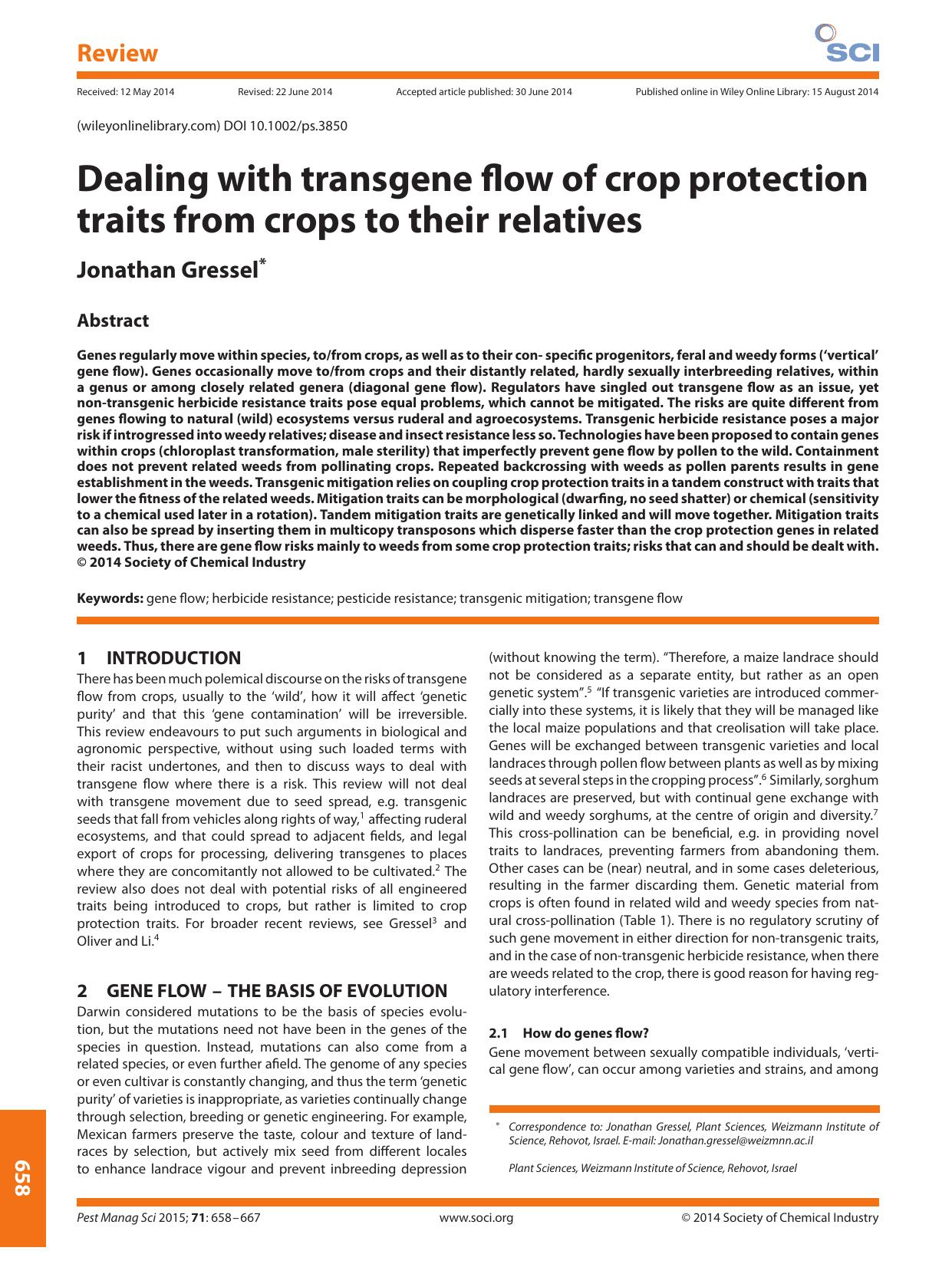 Dealing with transgene flow of crop protection traits from crops to their relatives by Unknown