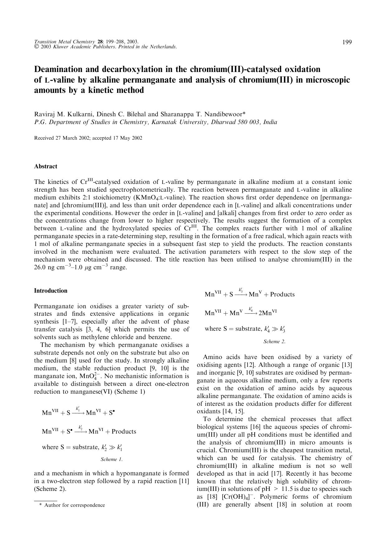 Deamination and decarboxylation in the chromium(III)-catalysed oxidation of L-valine by alkaline permanganate and analysis of chromium(III) in microscopic amounts by a kinetic method by Unknown
