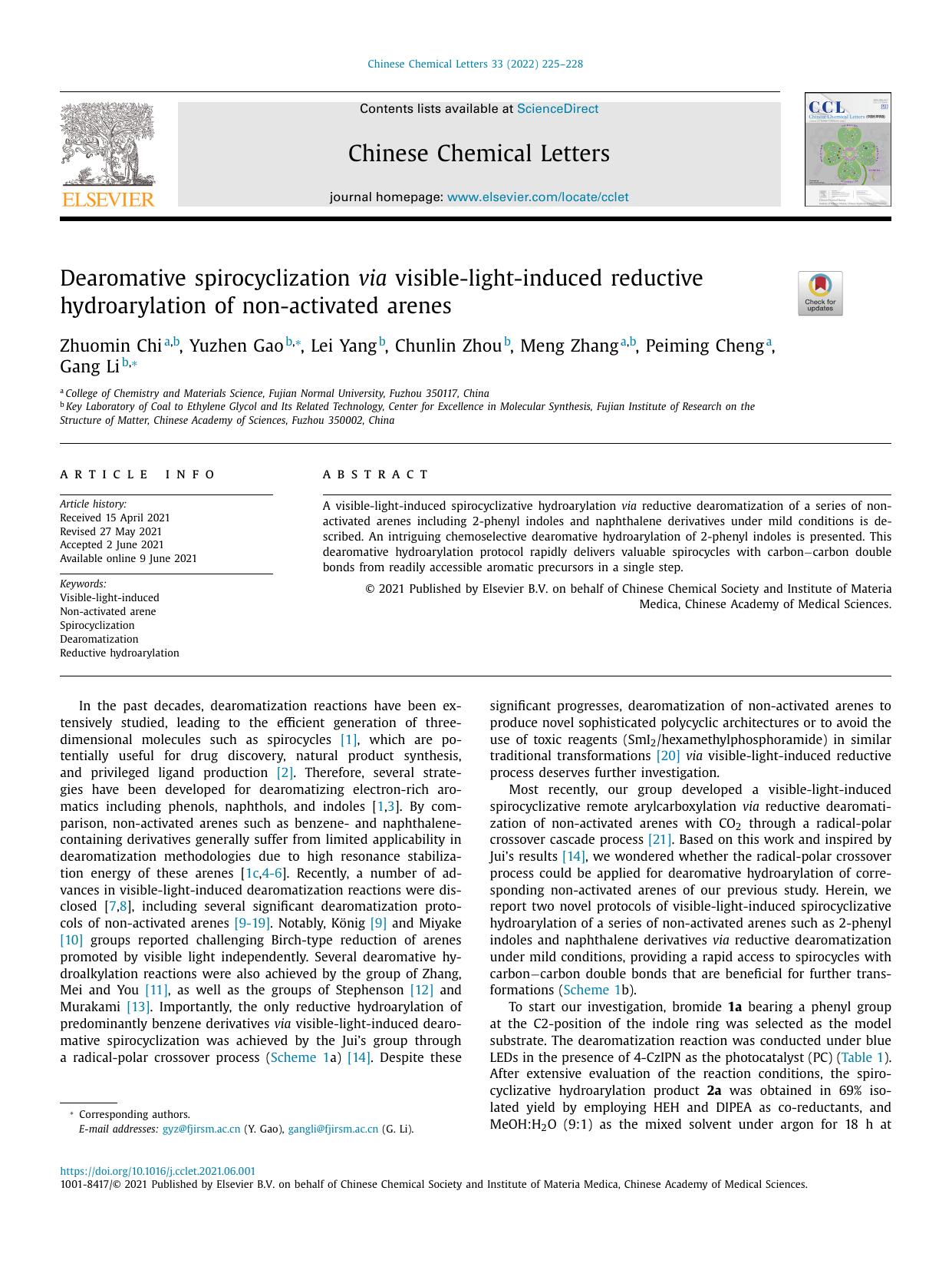 Dearomative spirocyclization via visible-light-induced reductive hydroarylation of non-activated arenes by Zhuomin Chi & Yuzhen Gao & Lei Yang & Chunlin Zhou & Meng Zhang & Peiming Cheng & Gang Li