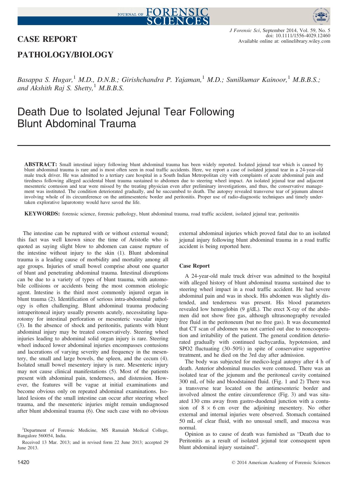 Death Due to Isolated Jejunal Tear Following Blunt Abdominal Trauma by Unknown