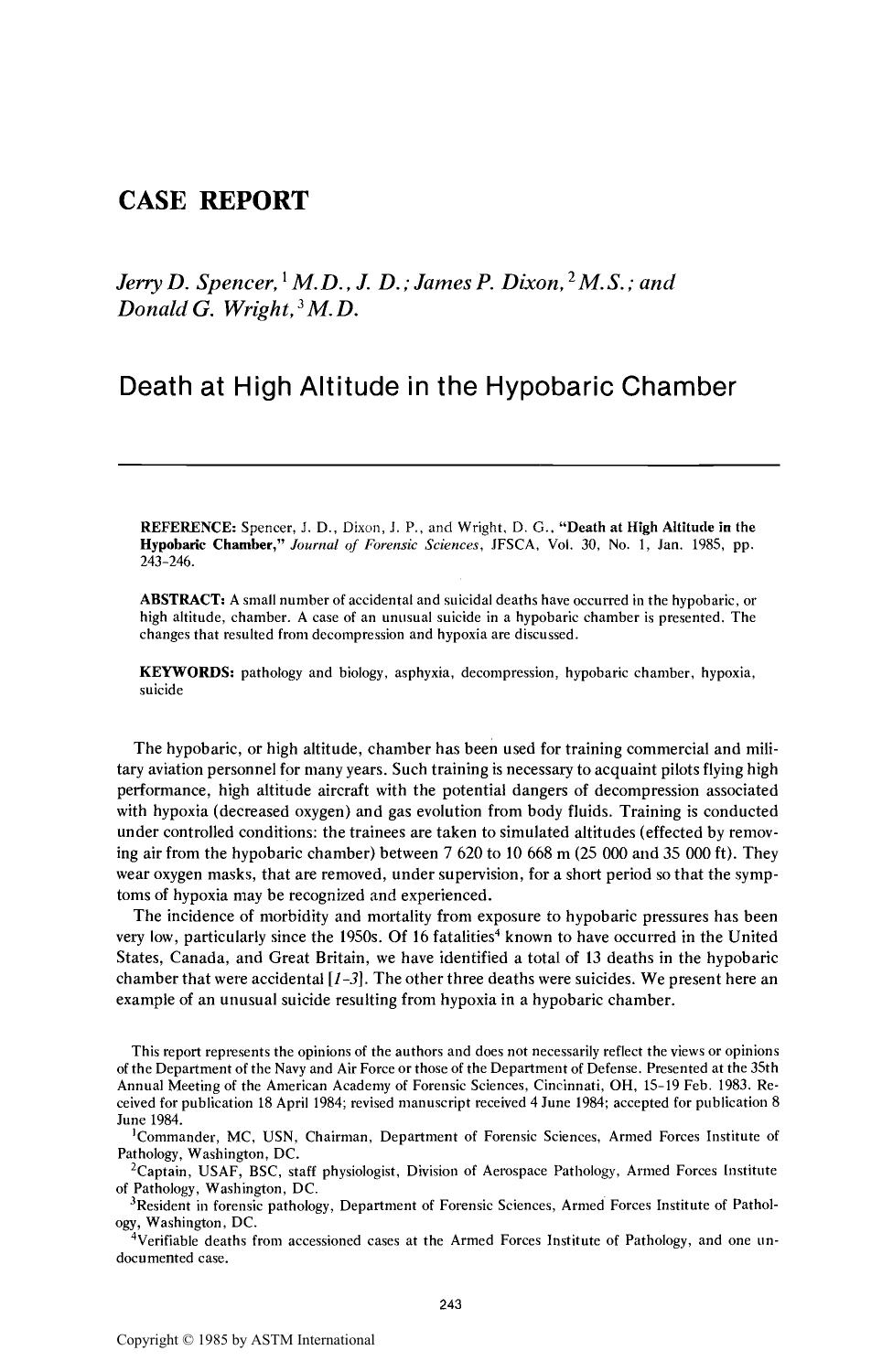 Death at High Altitude in the Hypobaric Chamber by Spencer JD Dixon JP Wright DG