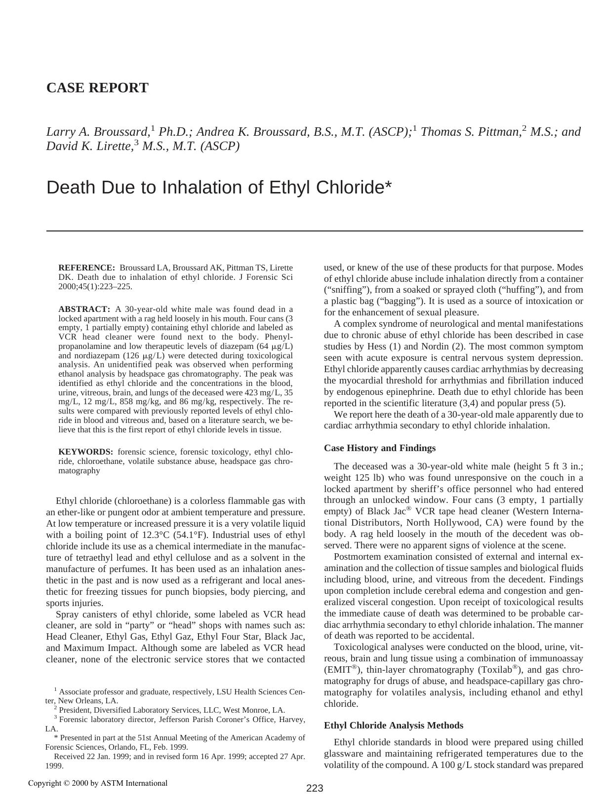 Death due to inhalation of ethyl chloride by Broussard LA Broussard AK Pittman TS Lirette DK