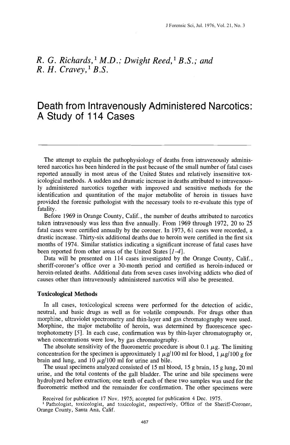 Death from Intravenously Administered Narcotics: A Study of 114 Cases by Richards RG Reed D Cravey RH