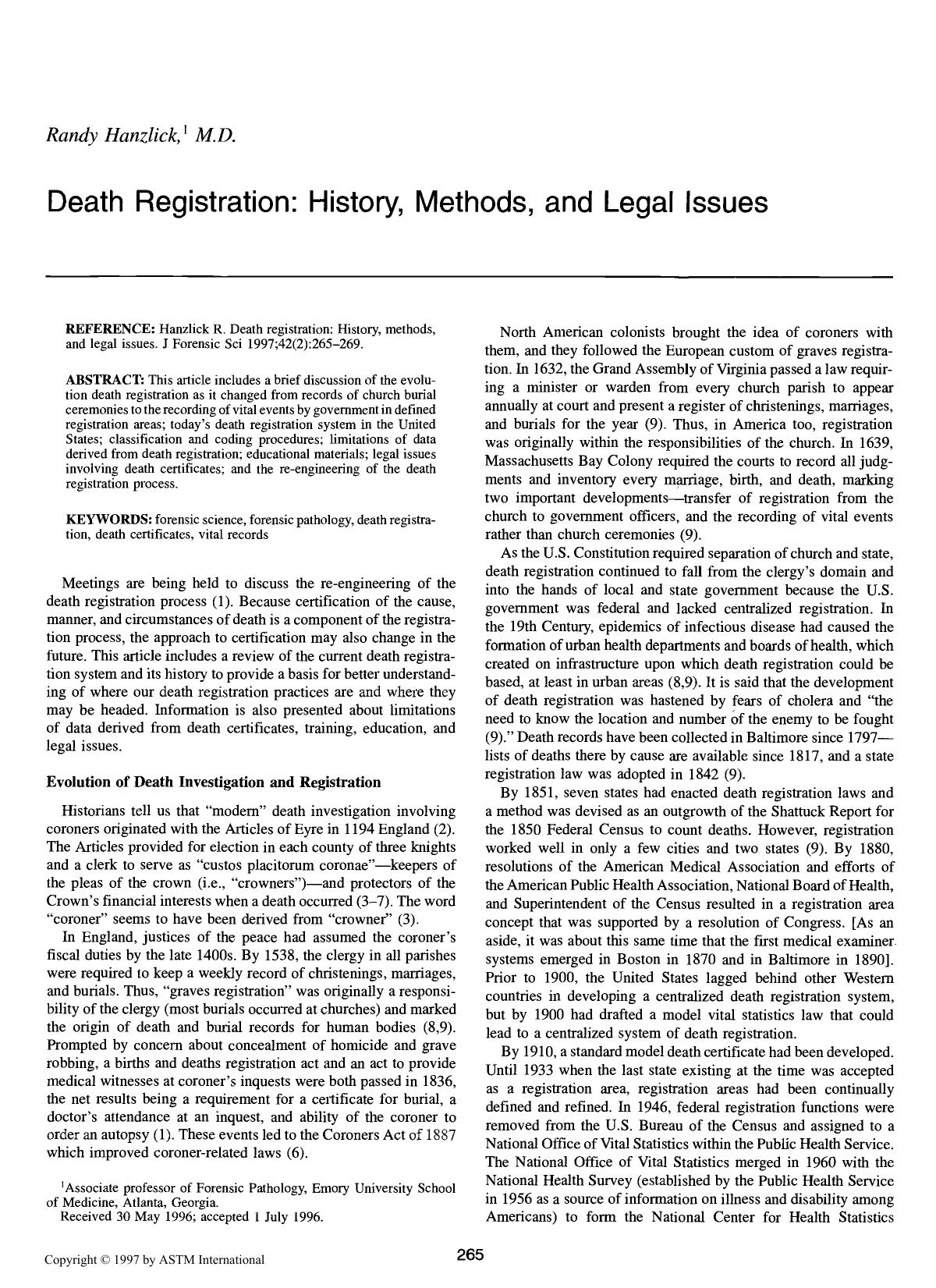 Death registration: History, methods, and legal issues by Hanzlick R