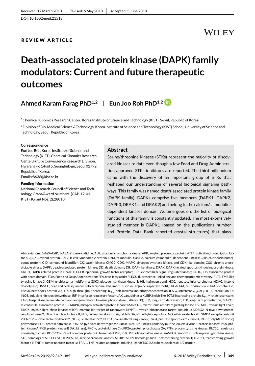 Death-associated protein kinase (DAPK) family modulators: Current and future therapeutic outcomes by Unknown