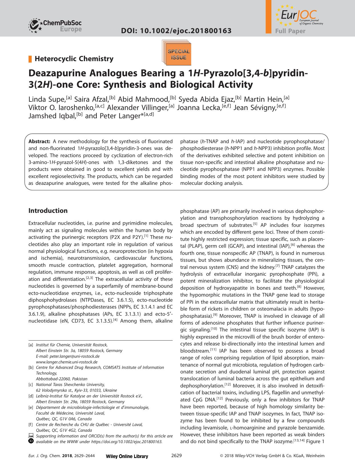 Deazapurine Analogues Bearing a 1<i>H<i>&#x02010;Pyrazolo[3,4&#x02010;<i>b<i>]pyridin&#x02010;3(2<i>H<i>)&#x02010;one Core: Synthesis and Biological Activity by Unknown