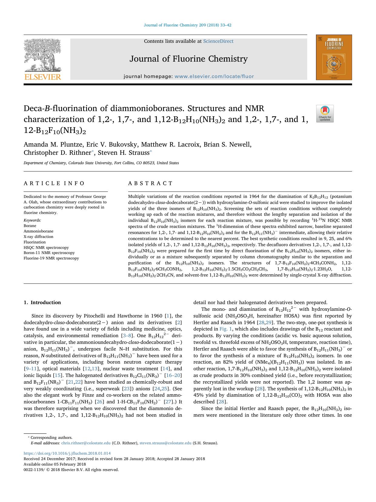 Deca-B-fluorination of diammonioboranes. Structures and NMR characterization of 1,2-, 1,7-, and 1,12-B12H10(NH3)2 and 1,2-, 1,7-, and 1,12-B12F10(NH3)2 by unknow