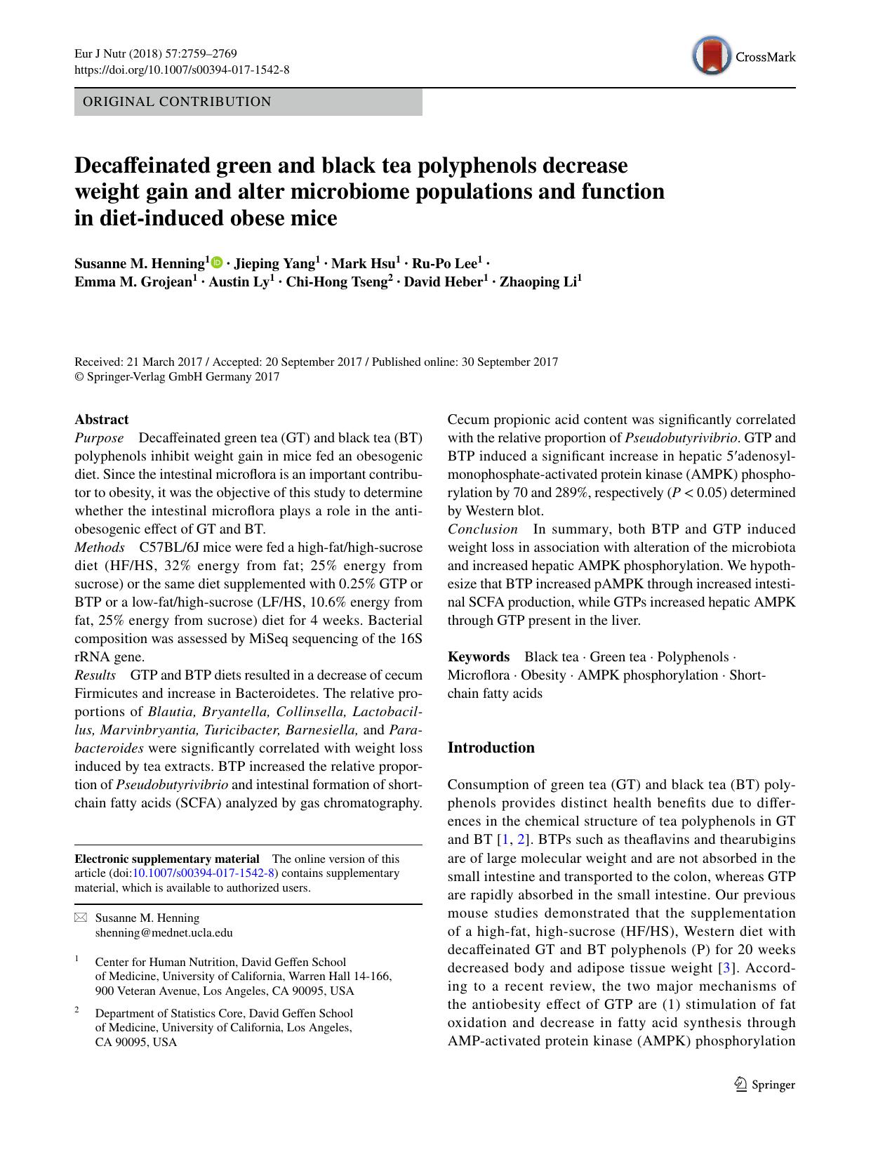Decaffeinated green and black tea polyphenols decrease weight gain and alter microbiome populations and function in diet-induced obese mice by unknow