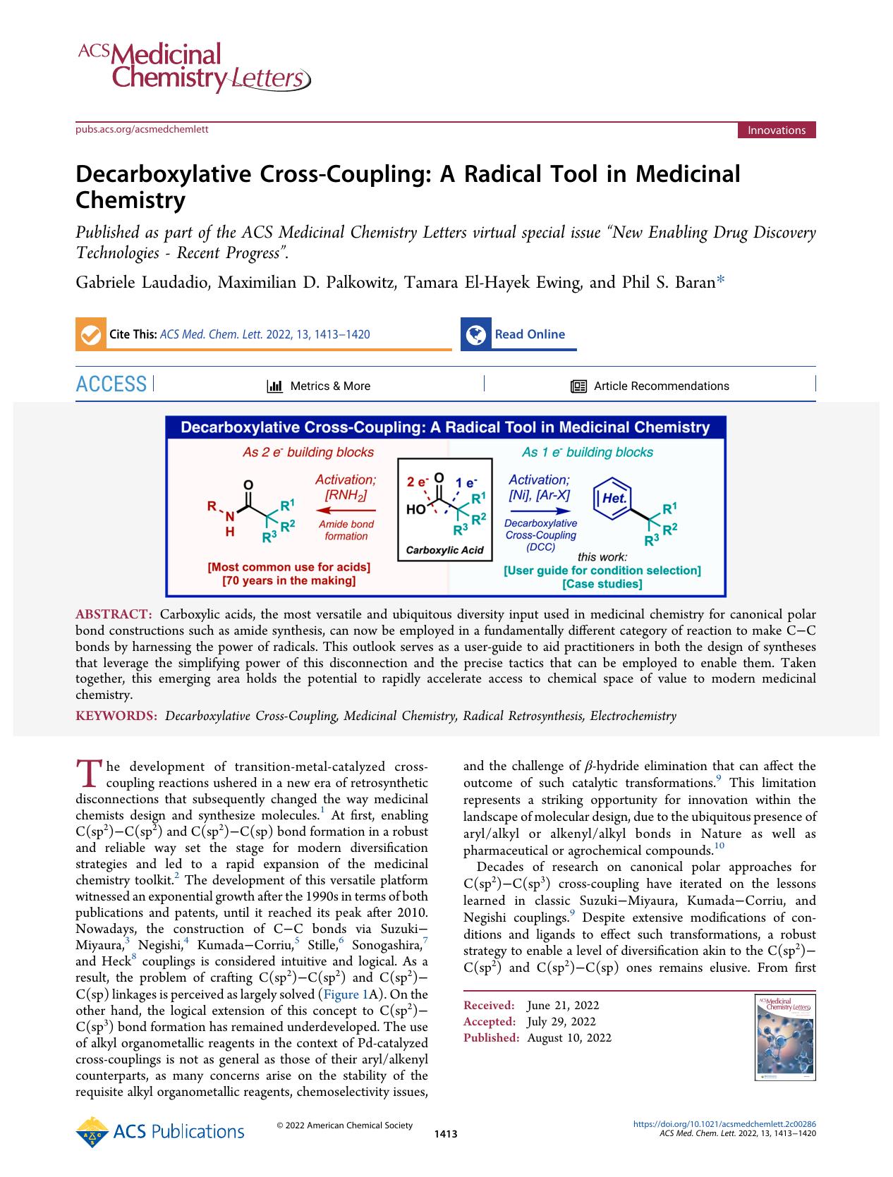 Decarboxylative Cross-Coupling: A Radical Tool in Medicinal Chemistry by Gabriele Laudadio Maximilian D. Palkowitz Tamara El-Hayek Ewing and Phil S. Baran