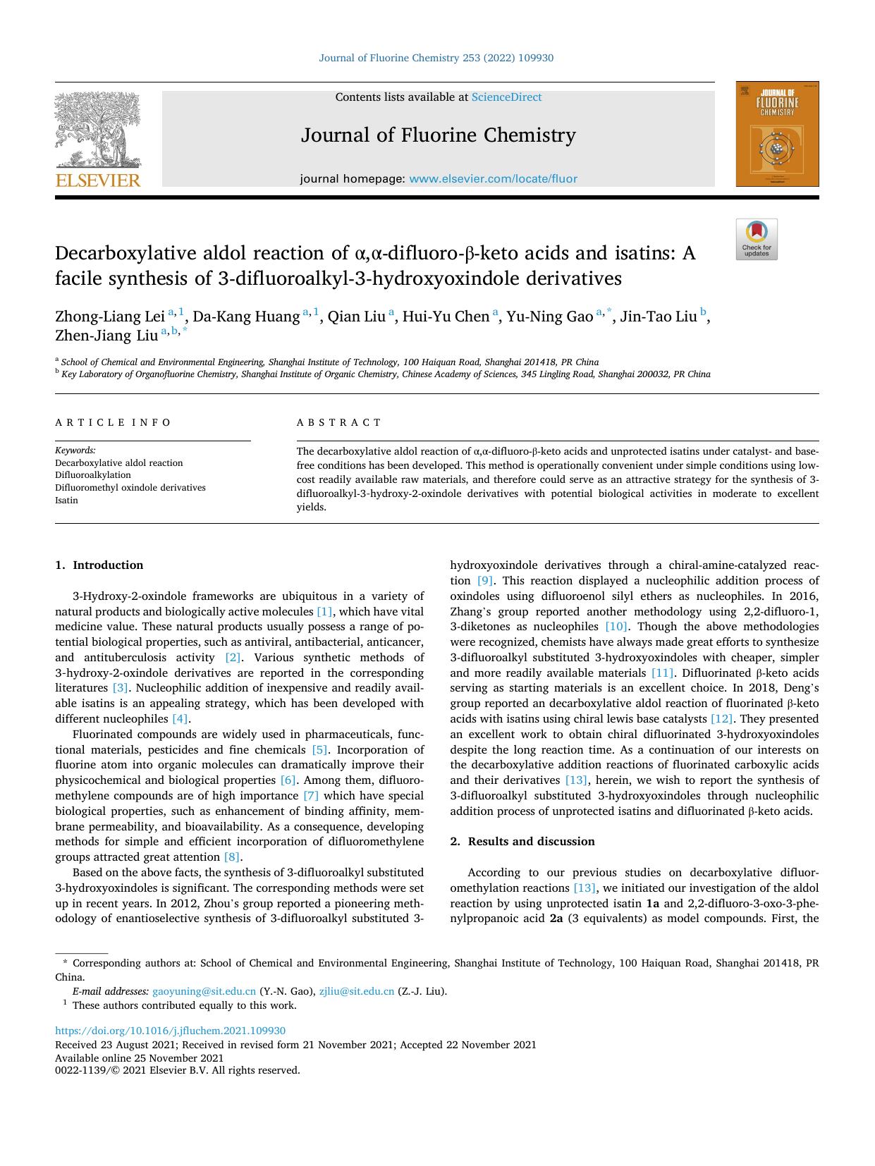 Decarboxylative aldol reaction of ÃÂ±,ÃÂ±-difluoro-ÃÂ²-keto acids and isatins: A facile synthesis of 3-difluoroalkyl-3-hydroxyoxindole derivatives by unknow