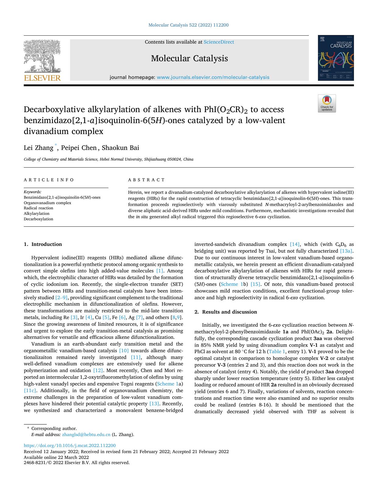 Decarboxylative alkylarylation of alkenes with PhI(O2CR)2 to access benzimidazo[2,1- a ]isoquinolin-6(5 H )-ones catalyzed by a low-valent divanadium complex by Lei Zhang & Peipei Chen & Shaokun Bai