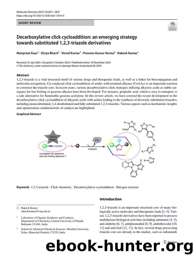 Decarboxylative click cycloaddition: an emerging strategy towards substituted 1,2,3-triazole derivatives by Manpreet Kaur & Divya Bharti & Vinod Kumar & Praveen Kumar Verma & Rakesh Kumar