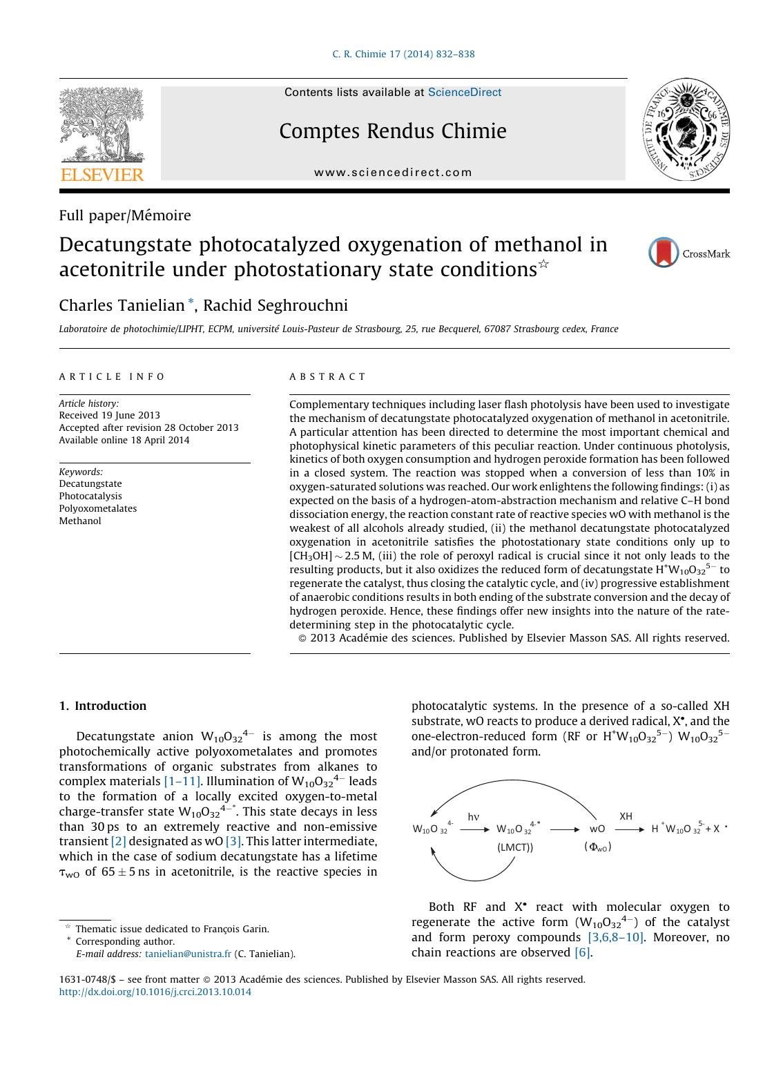 Decatungstate photocatalyzed oxygenation of methanol in acetonitrile under photostationary state conditions by Charles Tanielian & Rachid Seghrouchni
