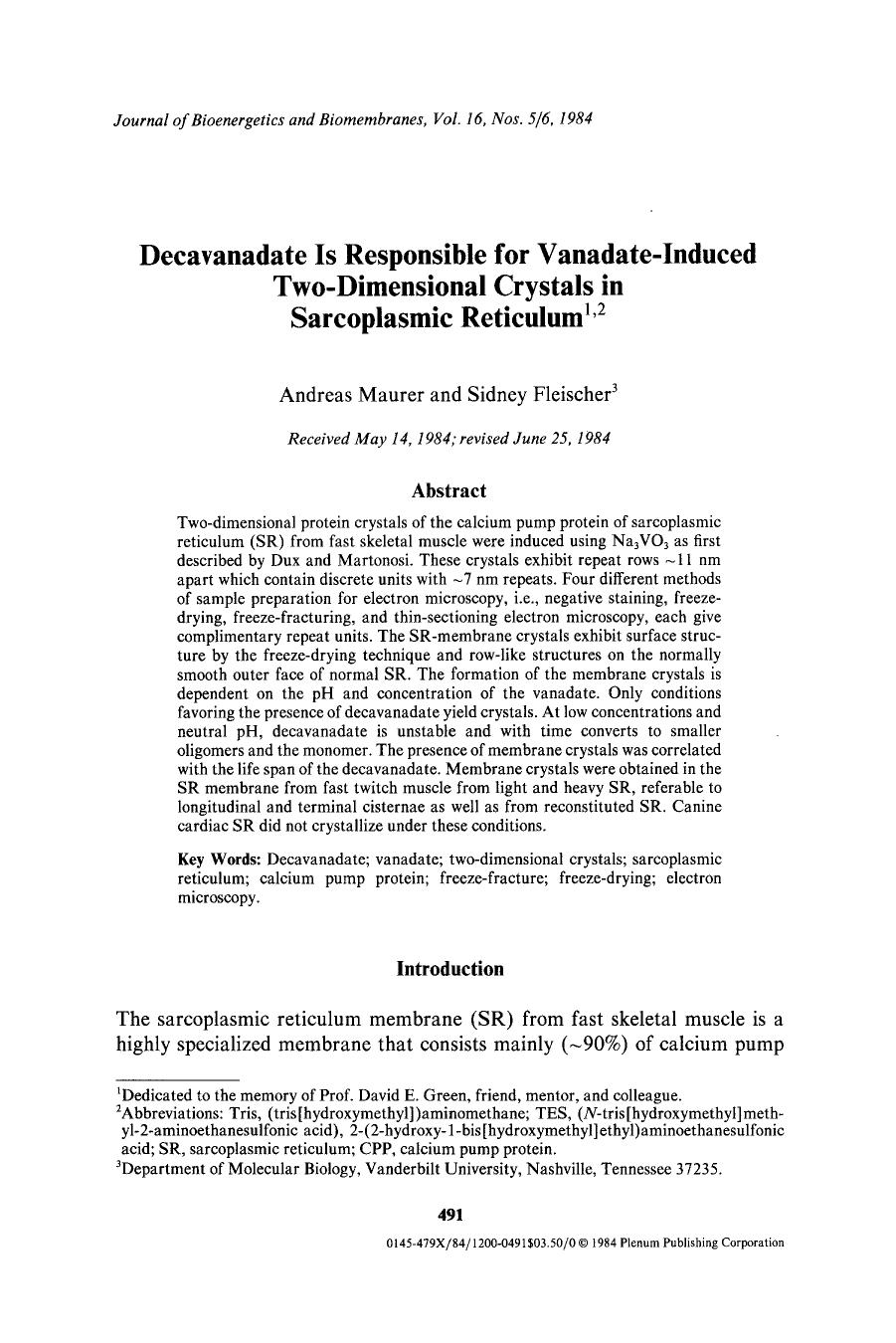 Decavanadate is responsible for vanadate-induced two-dimensional crystals in sarcoplasmic reticulum by Unknown