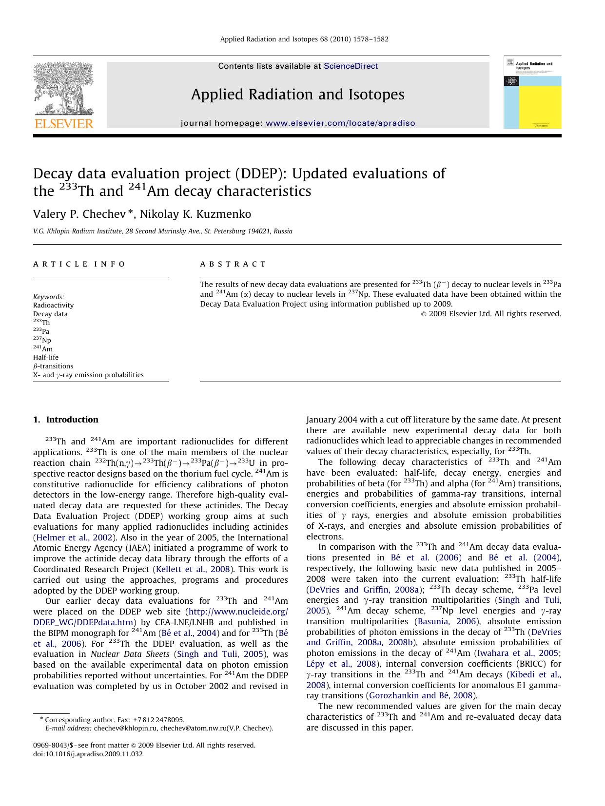 Decay data evaluation project (DDEP) Updated evaluations of the 233Th and 241Am decay characteristics by Valery P. Chechev; Nikolay K. Kuzmenko
