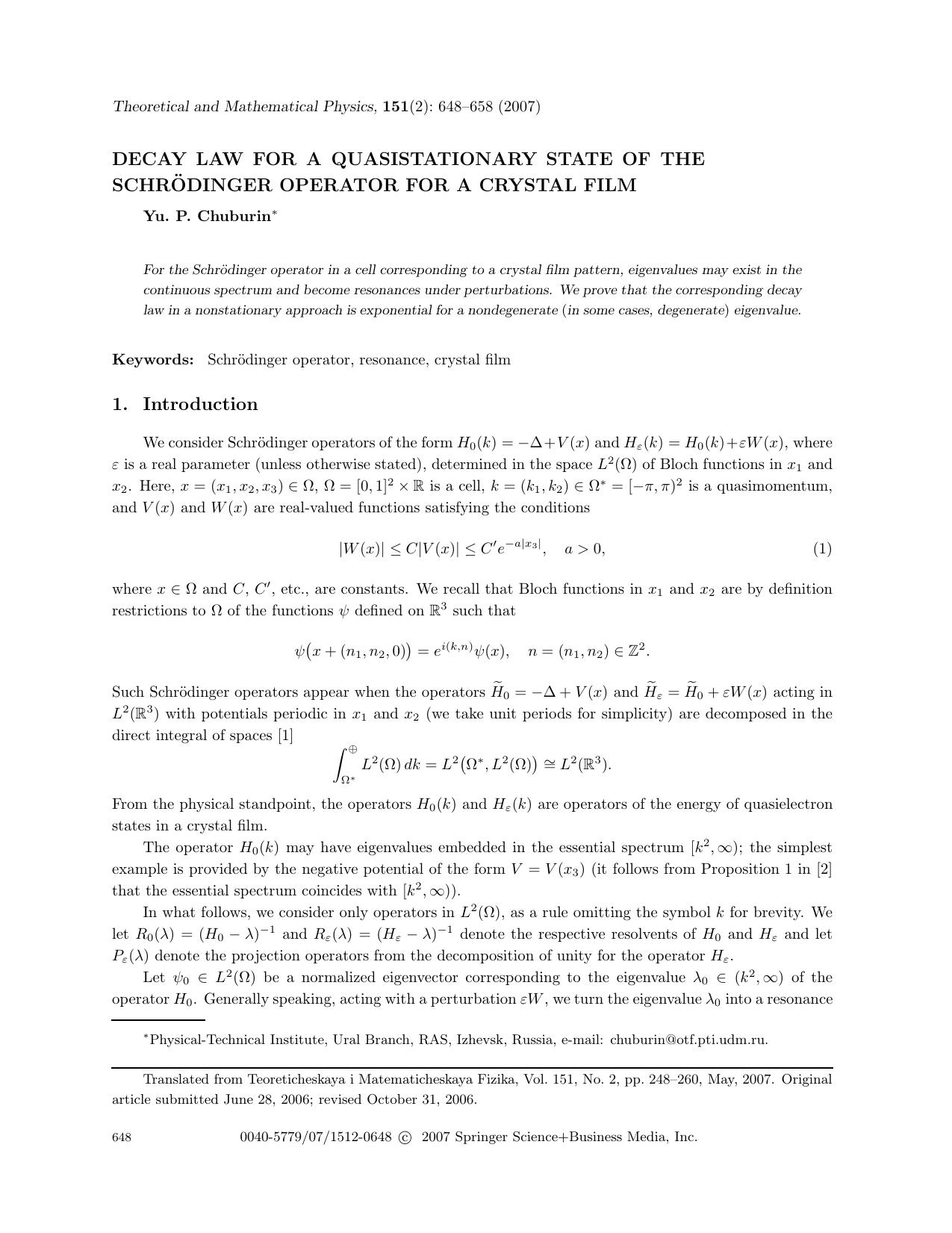 Decay law for a quasistationary state of the Schrödinger operator for a crystal film by Unknown