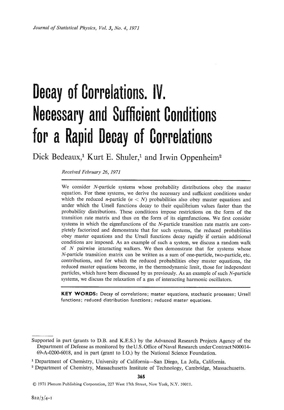 Decay of correlations. IV. Necessary and sufficient conditions for a rapid decay of correlations by Unknown