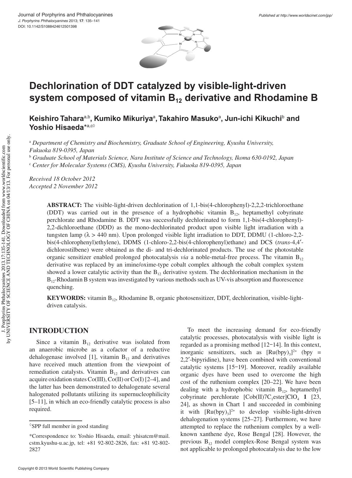 Dechlorination of DDT catalyzed by visible-light-driven system composed of vitamin B12 derivative and Rhodamine B by Keishiro Tahara Kumiko Mikuriya Takahiro Masuko Jun-ichi Kikuchi & Yoshio Hisaeda
