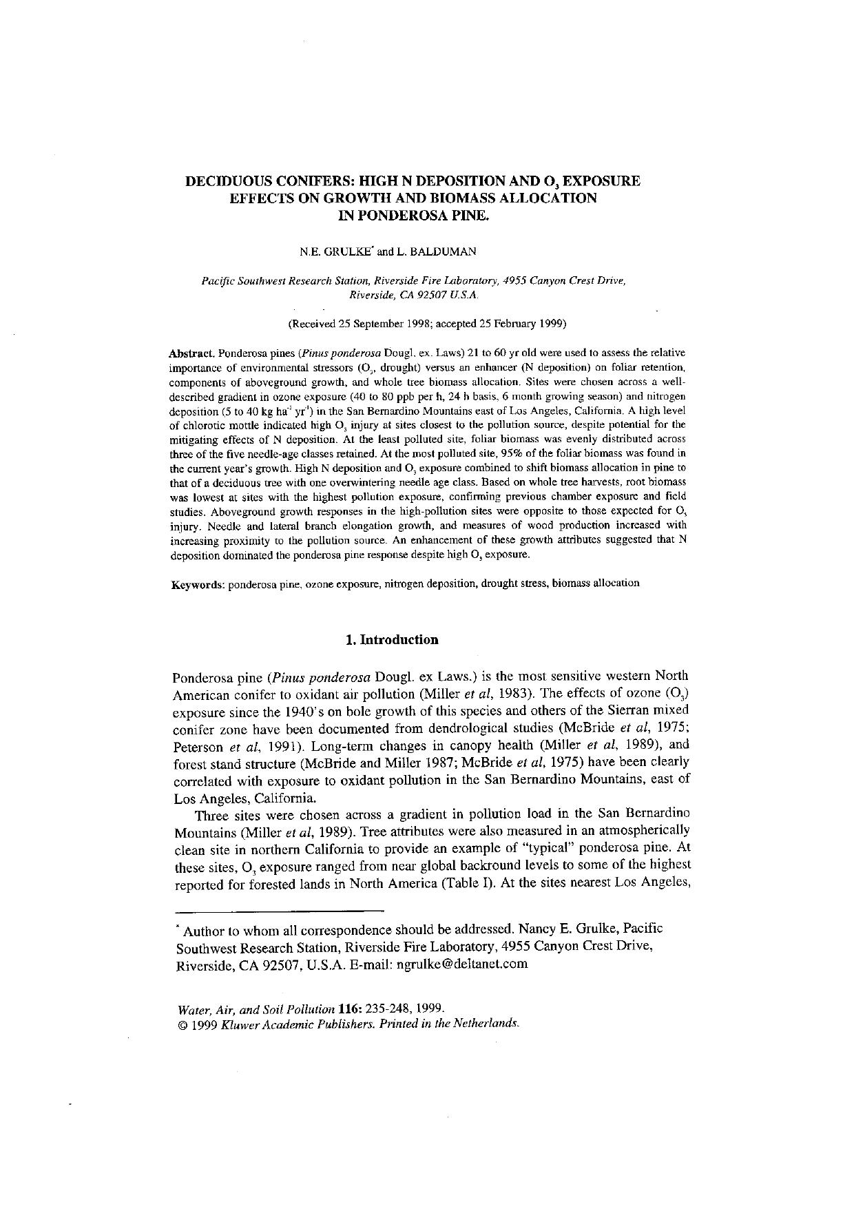 Deciduous Conifers: High N Deposition and O3 Exposure Effects on Growth and Biomass Allocation in Ponderosa Pine by Unknown
