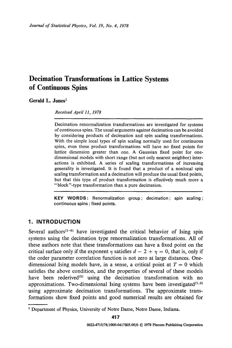 Decimation transformations in lattice systems of continuous spins by Unknown