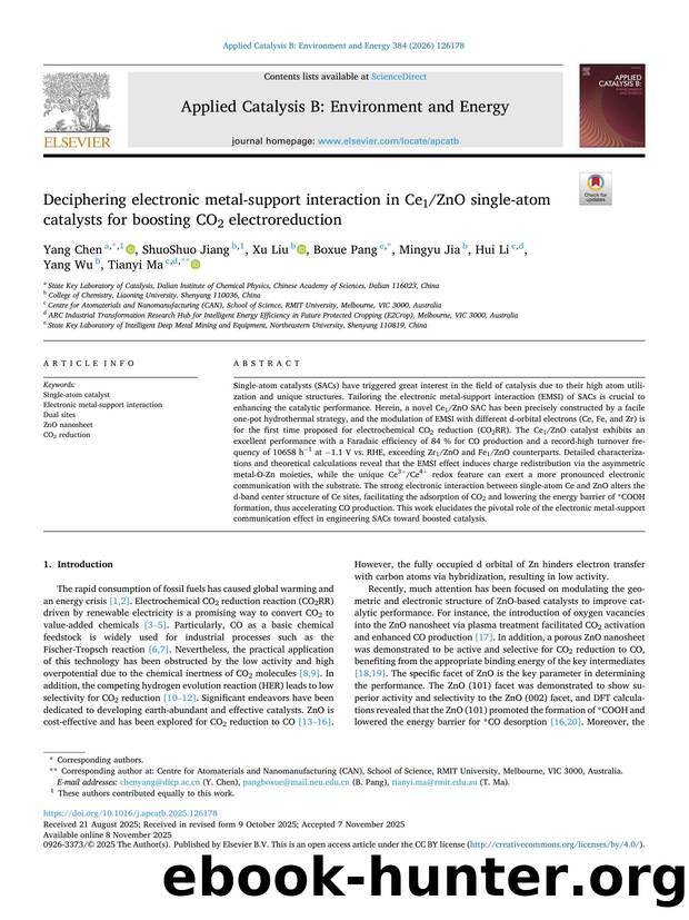 Deciphering electronic metal-support interaction in Ce1ZnO single-atom catalysts for boosting CO2 electroreduction by Yang Chen & ShuoShuo Jiang & Xu Liu & Boxue Pang & Mingyu Jia & Hui Li & Yang Wu & Tianyi Ma