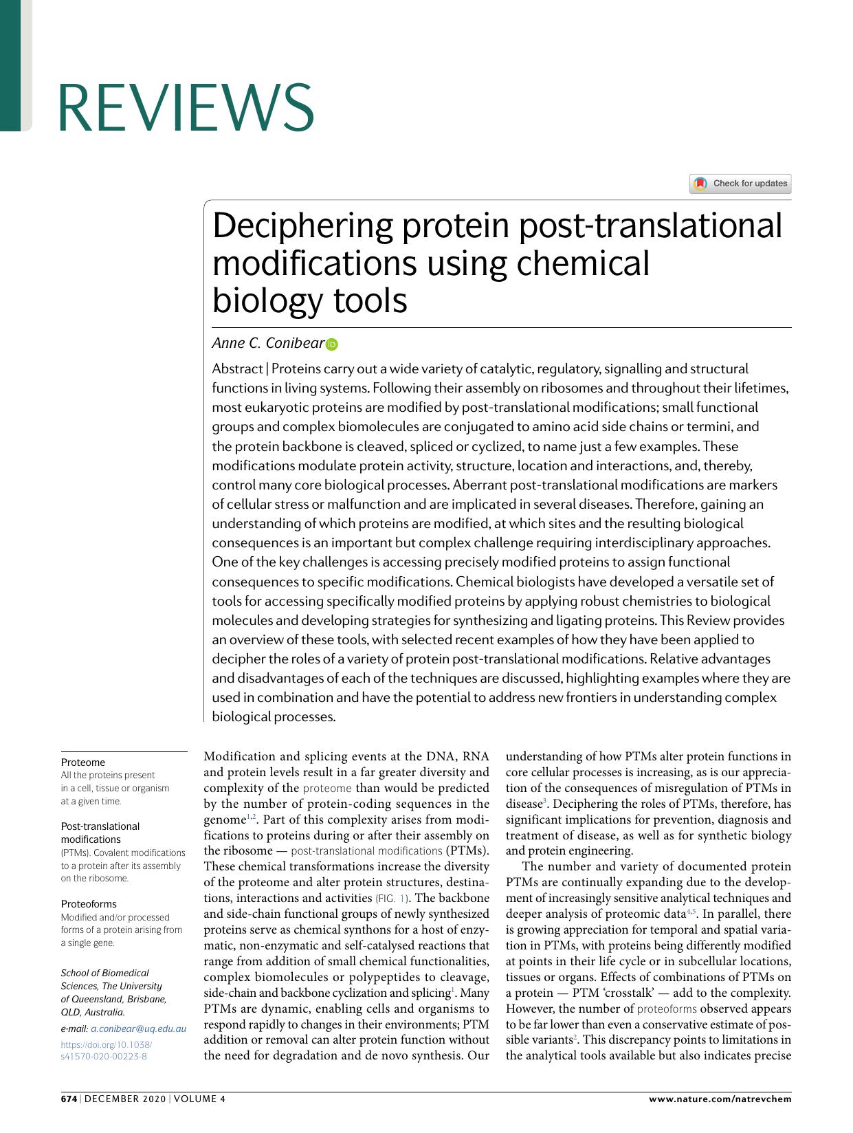 Deciphering protein post-translational modifications using chemical biology tools by Anne C. Conibear