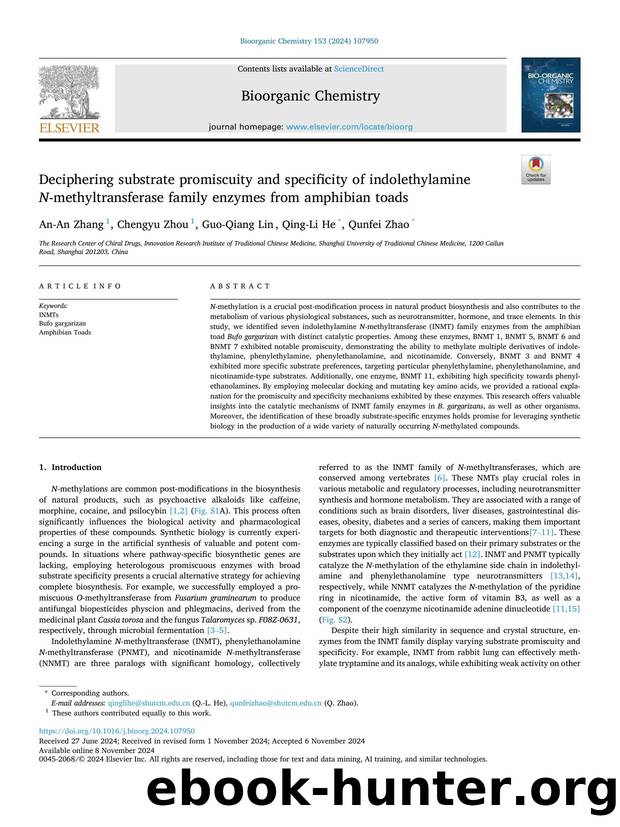 Deciphering substrate promiscuity and specificity of indolethylamine N -methyltransferase family enzymes from amphibian toads by An-An Zhang & Chengyu Zhou & Guo-Qiang Lin & Qing-Li He & Qunfei Zhao