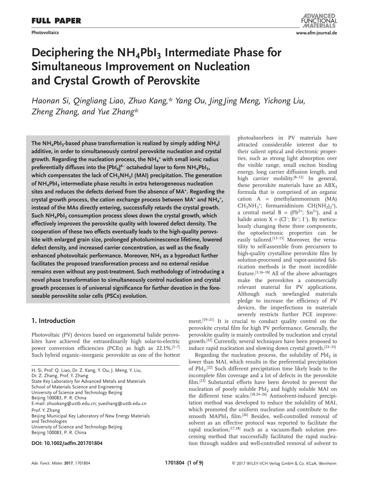 Deciphering the NH4PbI3 Intermediate Phase for Simultaneous Improvement on Nucleation and Crystal Growth of Perovskite by Unknown