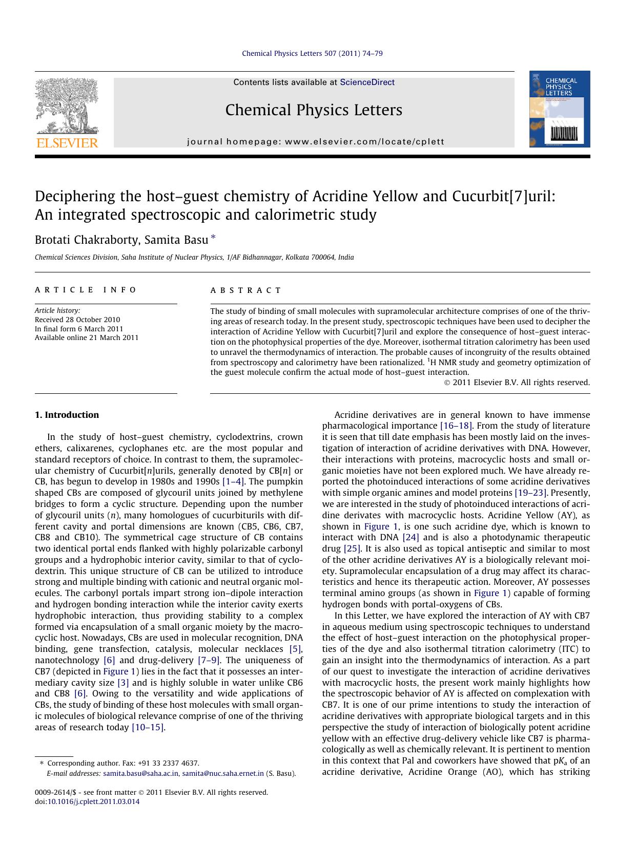 Deciphering the hostÃ¢â¬âguest chemistry of Acridine Yellow and Cucurbit[7]uril: An integrated spectroscopic and calorimetric study by Brotati Chakraborty & Samita Basu