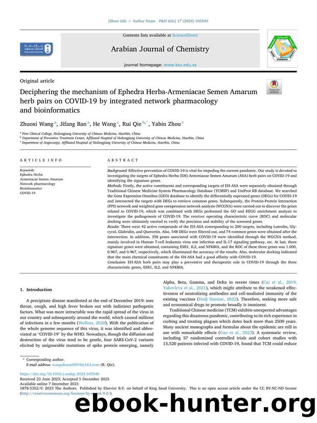 Deciphering the mechanism of Ephedra Herba-Armeniacae Semen Amarum herb pairs on COVID-19 by integrated network pharmacology and bioinformatics by Zhuoxi Wang