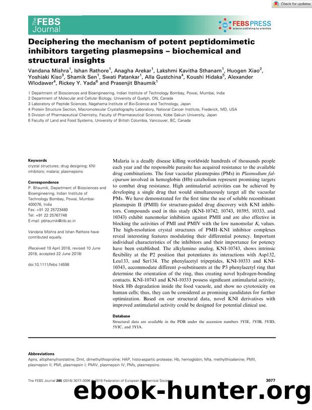 Deciphering the mechanism of potent peptidomimetic inhibitors targeting plasmepsins â biochemical and structural insights by Unknown