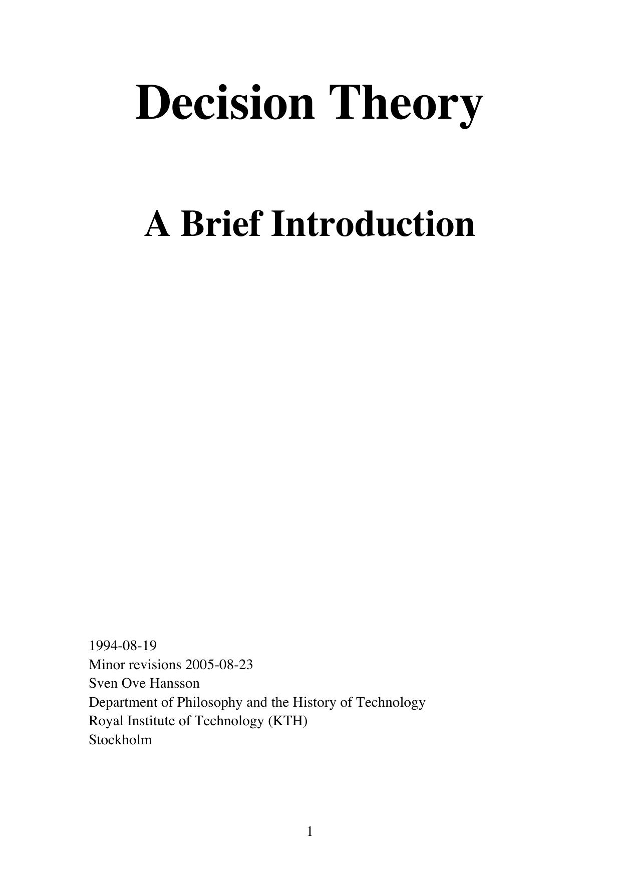 Decision Theory A Brief Introduction by Sven Ove Hansson