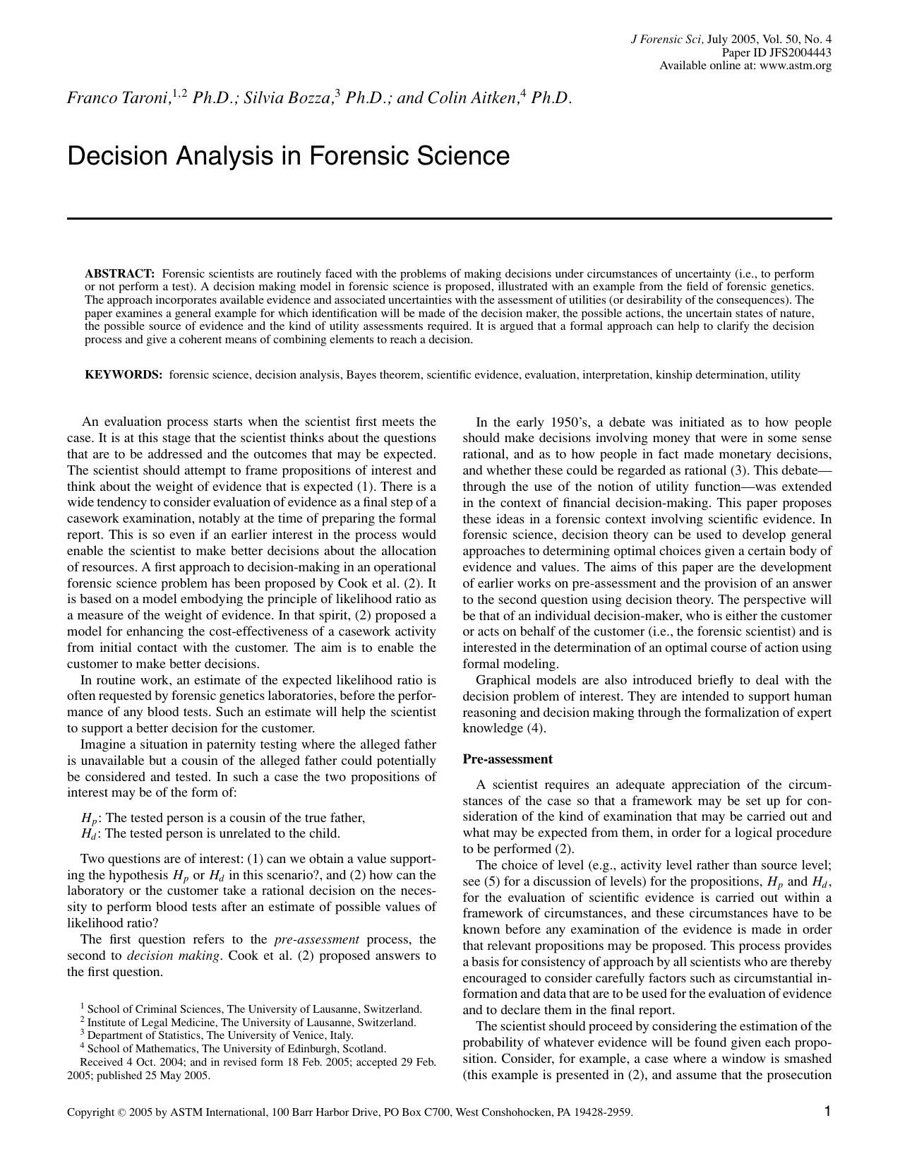 Decision analysis in forensic science by Taroni F Bozza S Aitken C