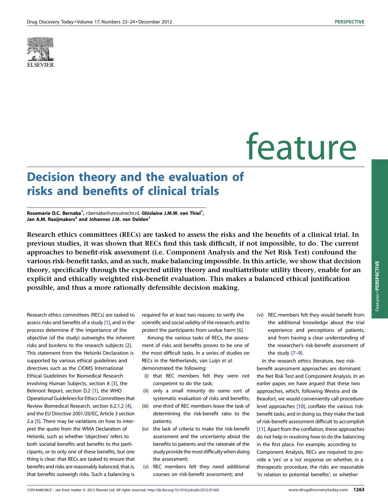 Decision theory and the evaluation of risks and benefits of clinical trials by Rosemarie D.C. Bernabe