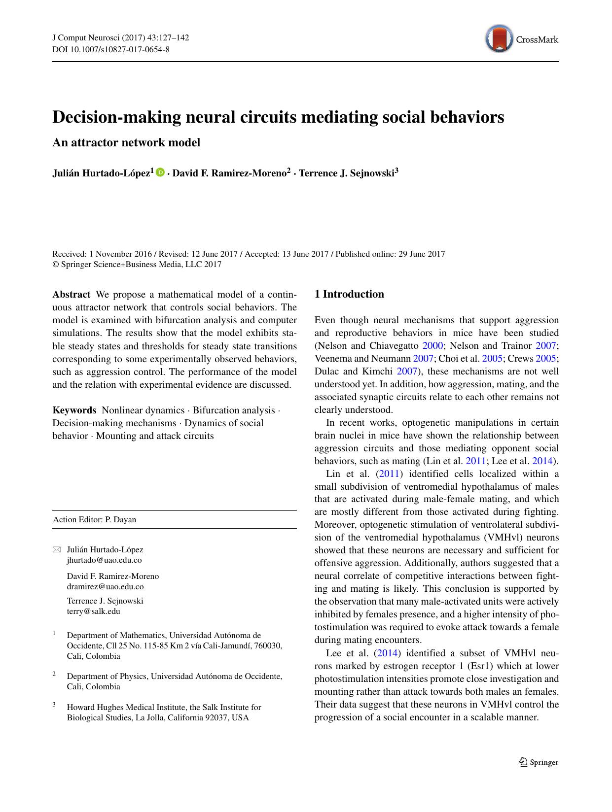 Decision-making neural circuits mediating social behaviors by Julián Hurtado-López & David F. Ramirez-Moreno & Terrence J. Sejnowski