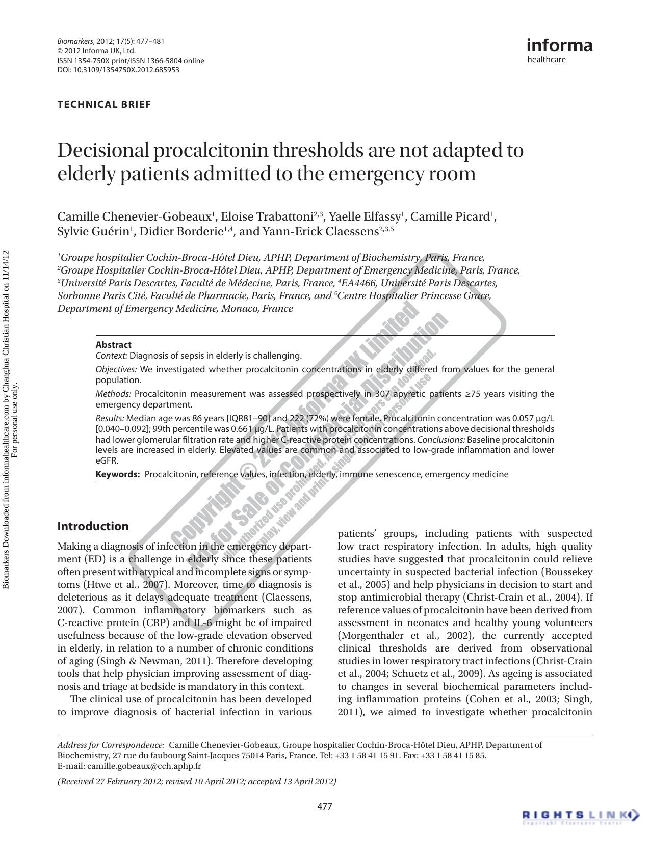 Decisional procalcitonin thresholds are not adapted toelderly patients admitted to the emergency room by unknow