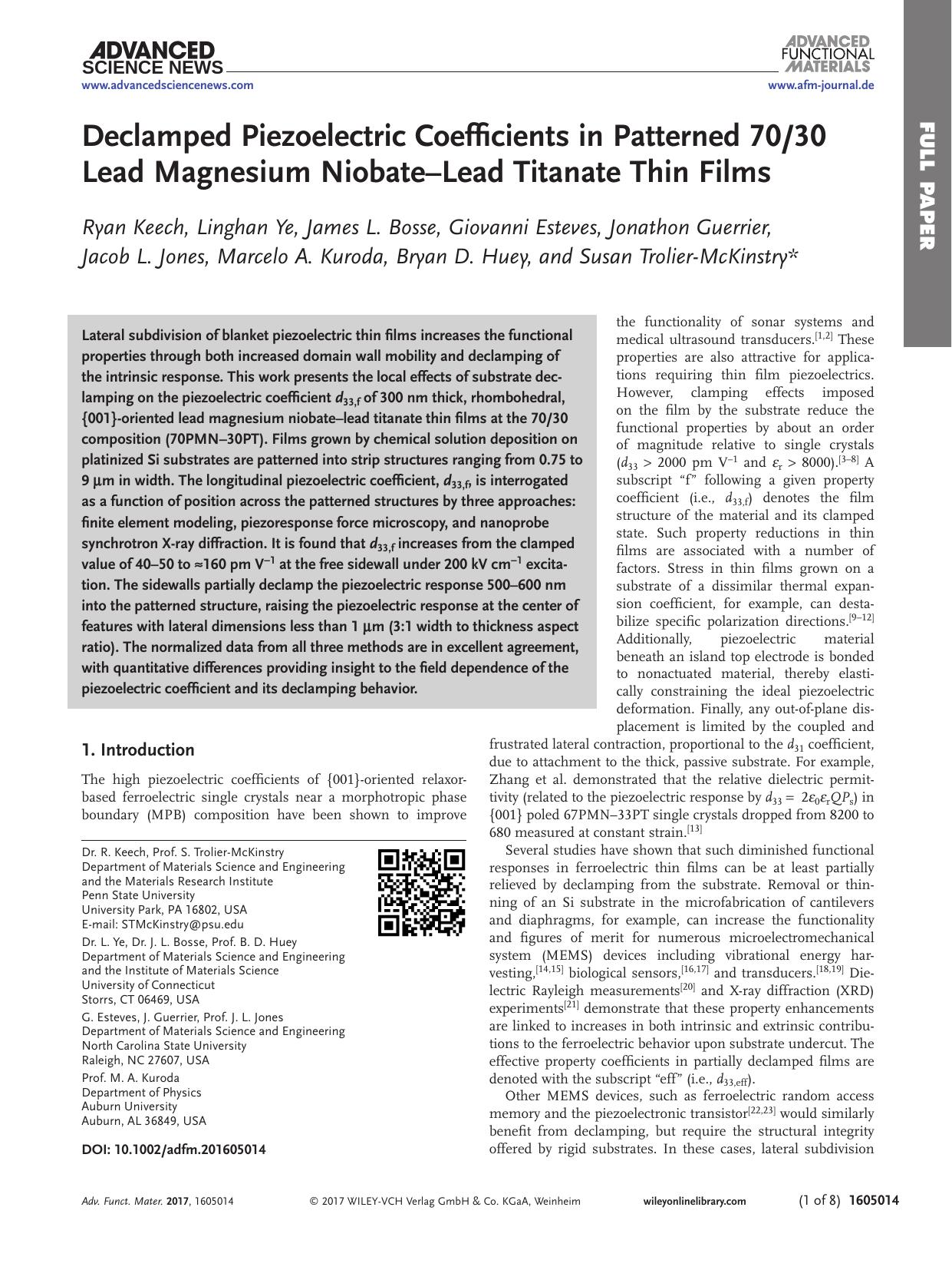 Declamped Piezoelectric Coefficients in Patterned 7030 Lead Magnesium Niobate–Lead Titanate Thin Films by Unknown
