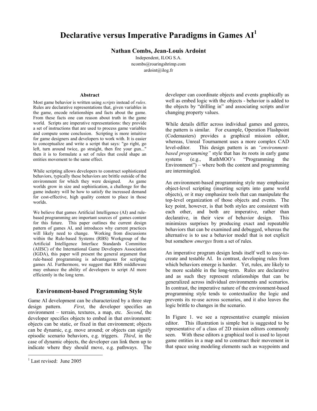 Declarative versus imperative paradigms in games AI by Combs N