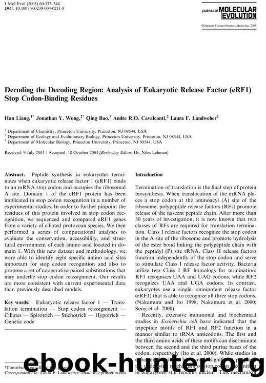 Decoding the Decoding Region:Analysis of Eukaryotic Release Factor (eRF1) Stop Codon-Binding Residues by Liang H. et al