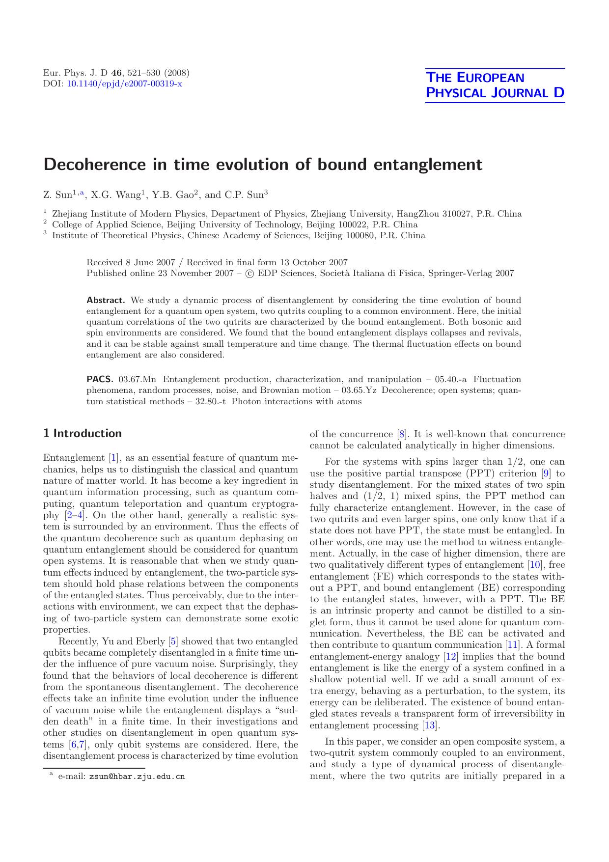 Decoherence in time evolution of bound entanglement by Z. Sun X.G. Wang Y.B. Gao C.P. Sun