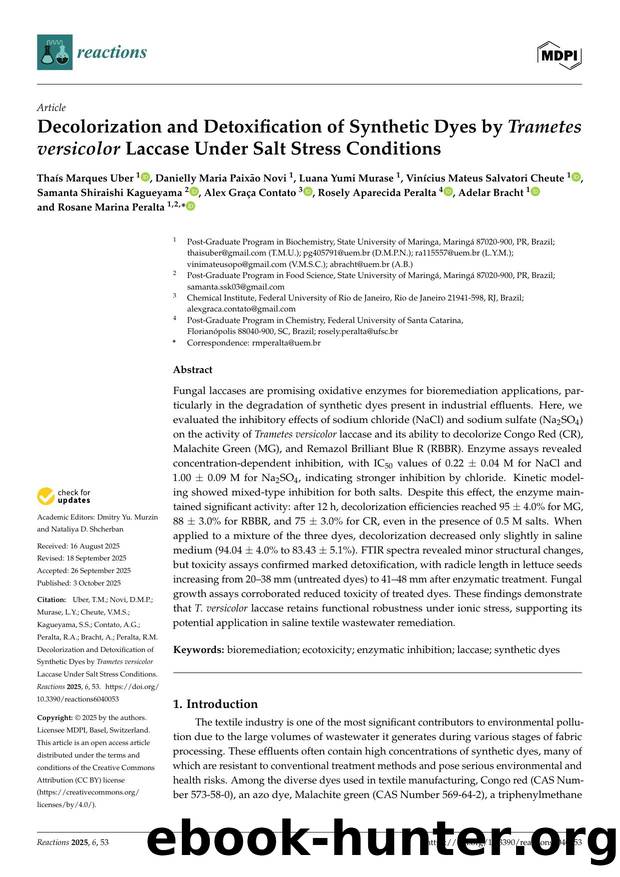 Decolorization and Detoxification of Synthetic Dyes by Trametes versicolor Laccase Under Salt Stress Conditions by unknow