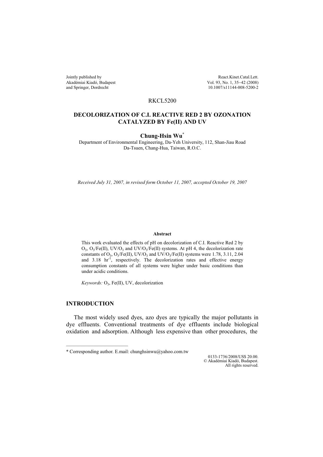 Decolorization of C.I. Reactive Red 2 by ozonation catalyzed by Fe(II) and UV by Unknown