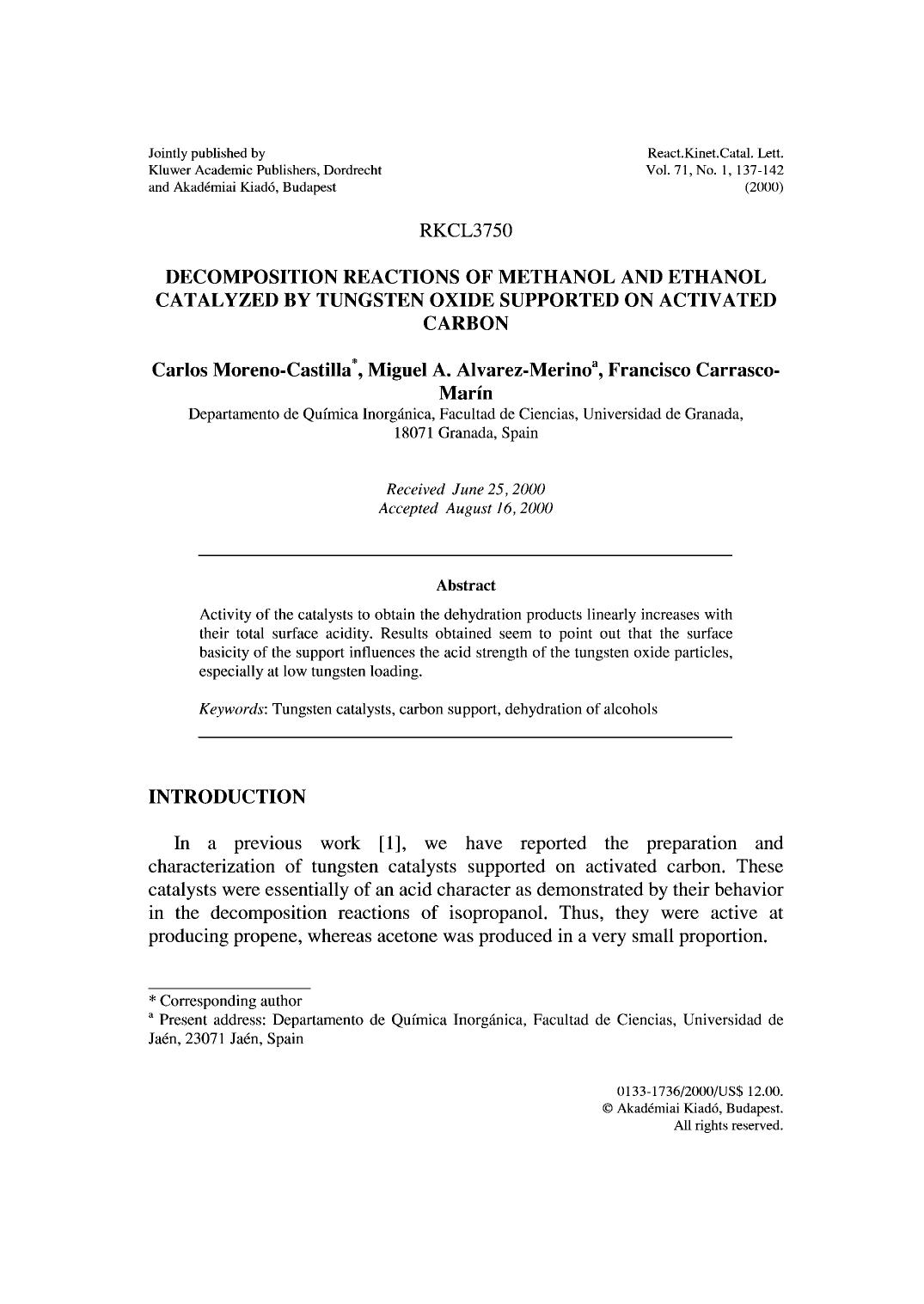Decomposition Reactions of Methanol and Ethanol Catalyzed by Tungsten Oxide Supported on Activated Carbon by Unknown