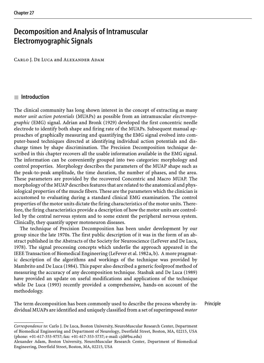 Decomposition and Analysis of Intramuscular Electromyographic Signals by Carlo J. De Luca & Alexander Adam