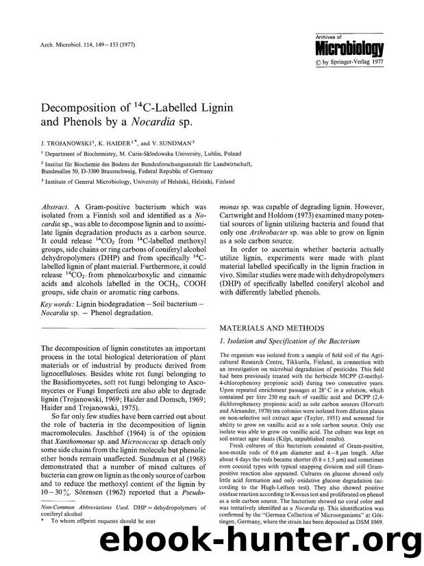 Decomposition of <Superscript>14<Superscript>C-labelled lignin and phenols by a <Emphasis Type="Italic">Nocardia<Emphasis> sp. by Unknown