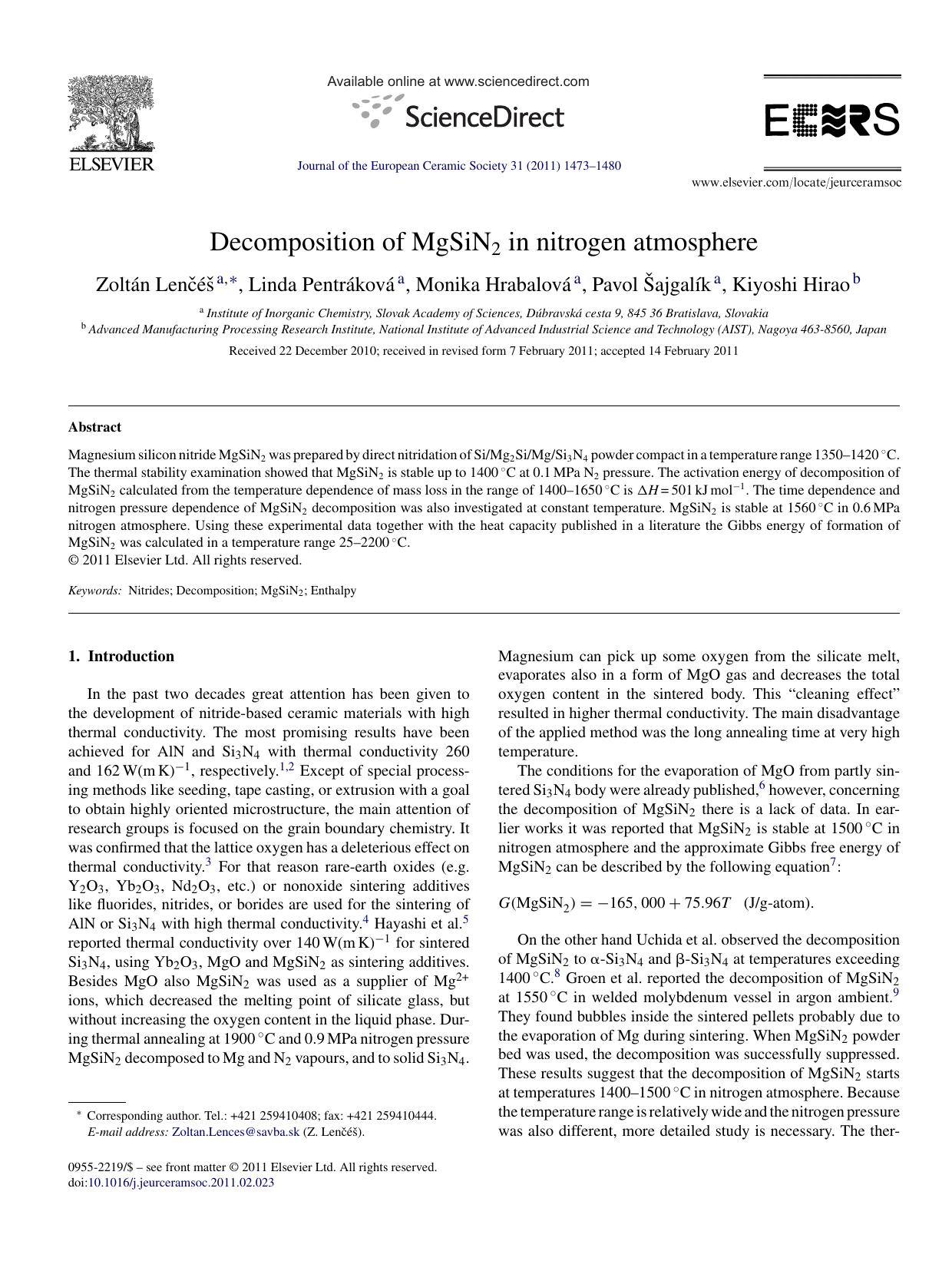Decomposition of MgSiN2 in nitrogen atmosphere by ZoltÃ¡n LenÄ•Ã©Å¡